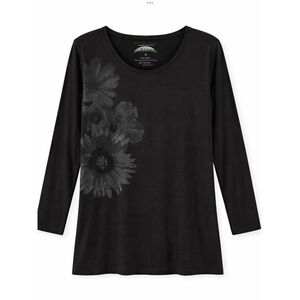 Earth Yoga Womens Black Floral Graphic 3/4 Sleeve Bamboo Cotton Blend Top Large